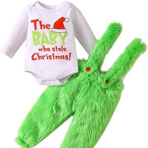 Baby Unisex Christmas Romper With Overall Pants Set Size 6-12 Months